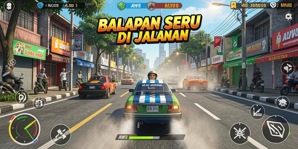 Tampilan gameplay balapan seru di AW8 dengan mobil yang melaju cepat.