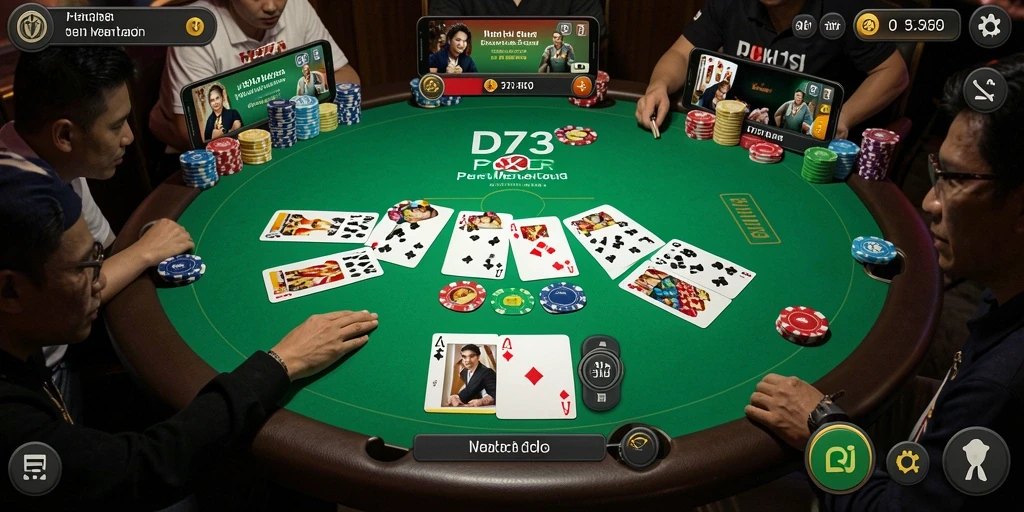 Tampilan gameplay D73 yang seru dan mendebarkan di meja poker.