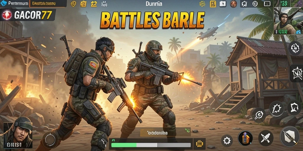 Screenshot GACOR77 menampilkan aksi intens dalam pertempuran Battle Royale.