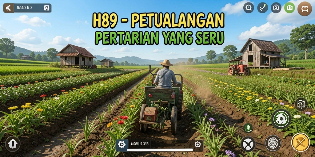 Screenshot gameplay H89 menampilkan ladang yang subur dan karakter yang bekerja.