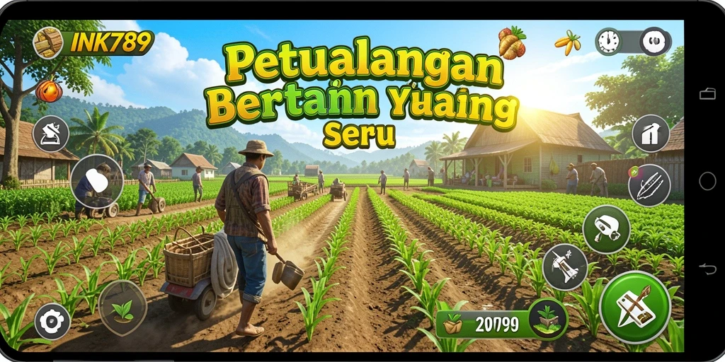 Tangkapan layar gameplay INK789 menunjukkan ladang yang subur dan aktivitas bertani.