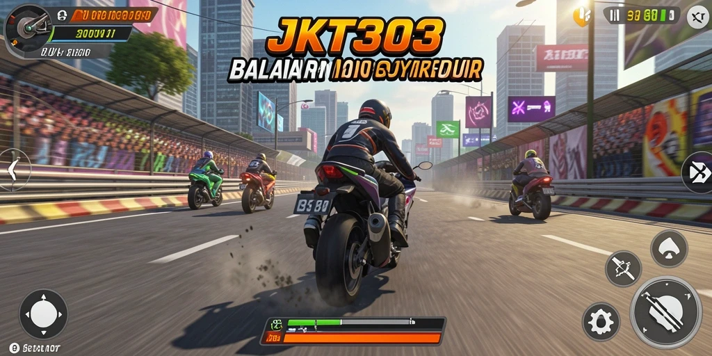 Tampilan gameplay JKT303 dengan aksi balapan motor yang seru.