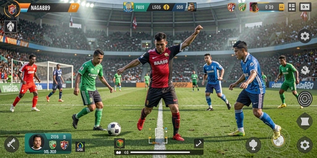 Screenshot gameplay NAGA889 menampilkan aksi seru di lapangan sepak bola.