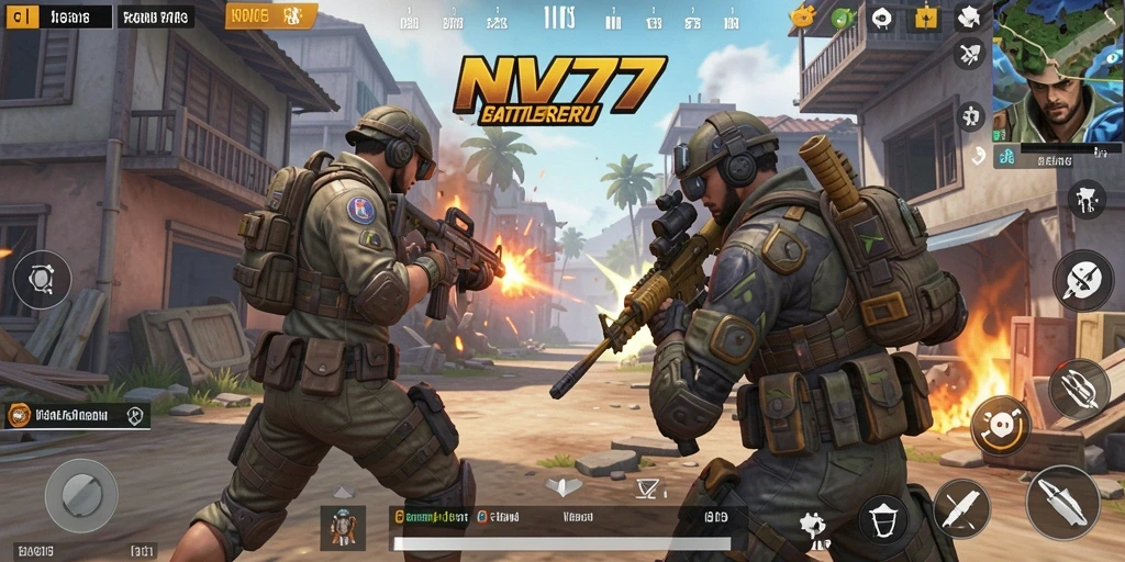 Screenshot gameplay NV77 dengan pertarungan seru di arena Battle Royale.