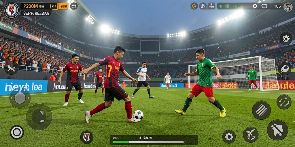 Tampilan gameplay P200M yang menampilkan aksi sepak bola seru.