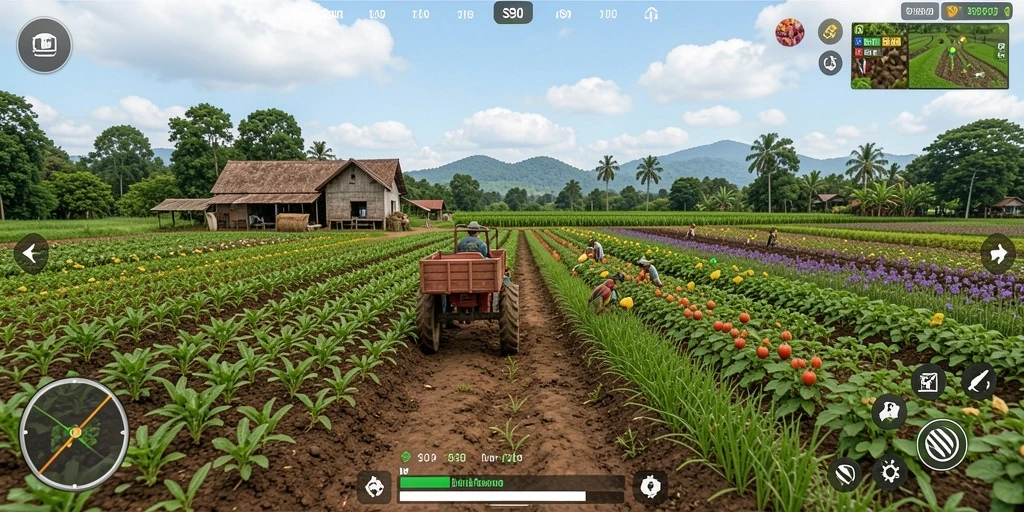 Screenshot gameplay S80 menunjukkan aktivasi aktivitas pertanian yang seru.
