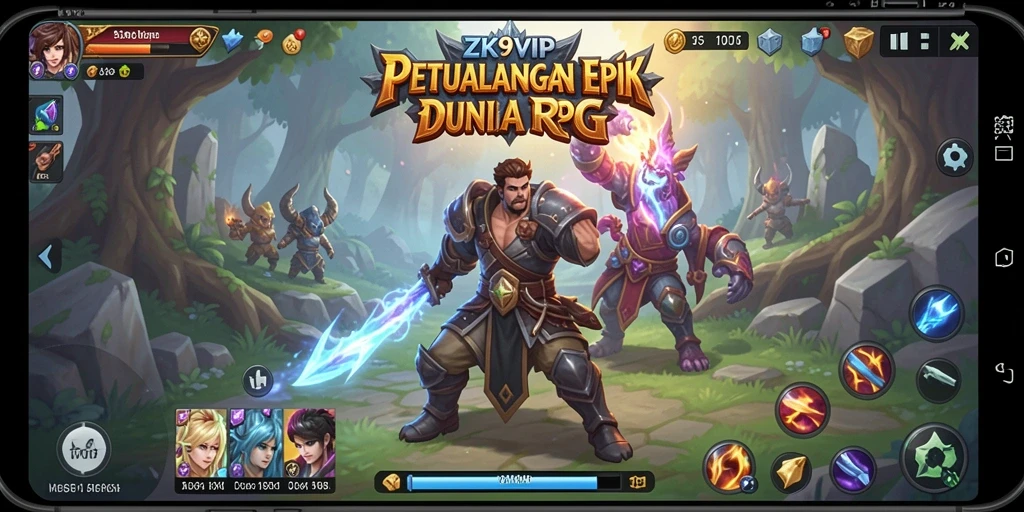 Screenshot ZK9VIP menunjukkan karakter yang beraksi dalam pertempuran RPG yang epik.